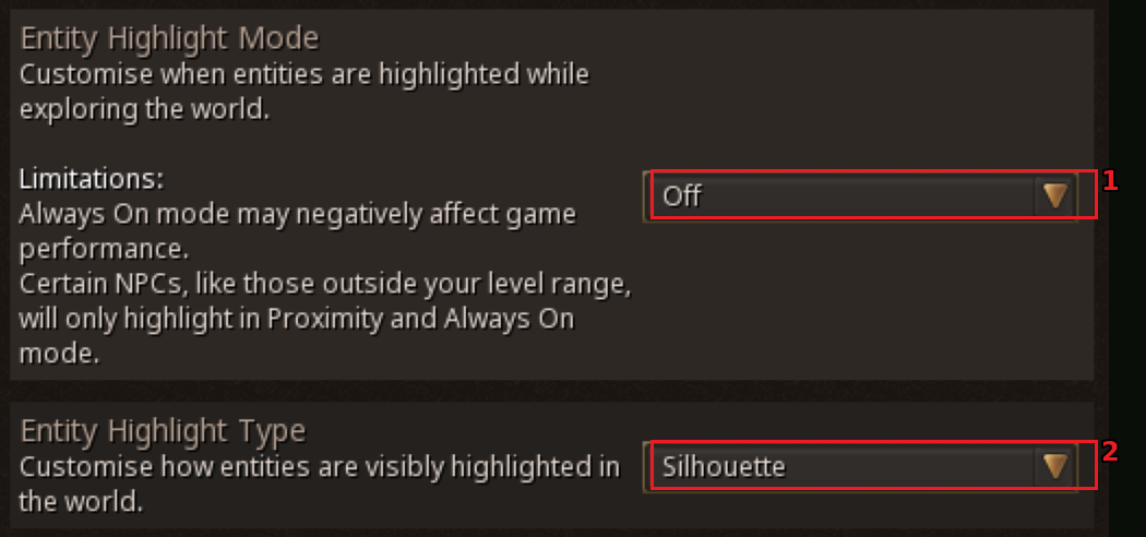 Accessibility settings — Entity Highlight Mode and Entity Highlight Type