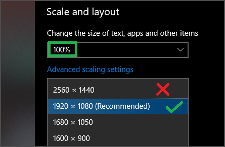 Windows Display Settings — scale 100%, recommended resolution