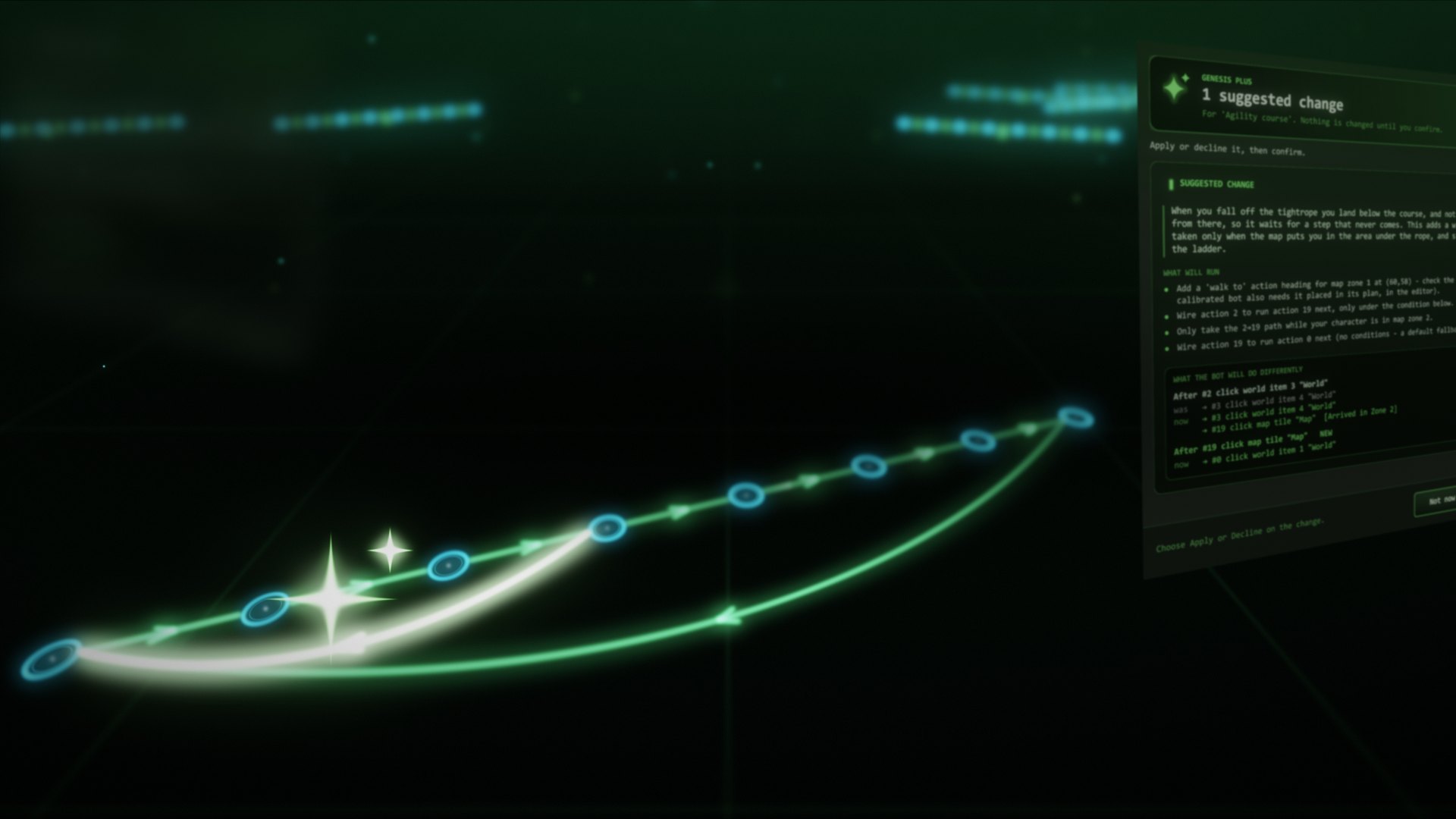 A Genesis Plus suggested change to a bot, over the bot's graph of actions
