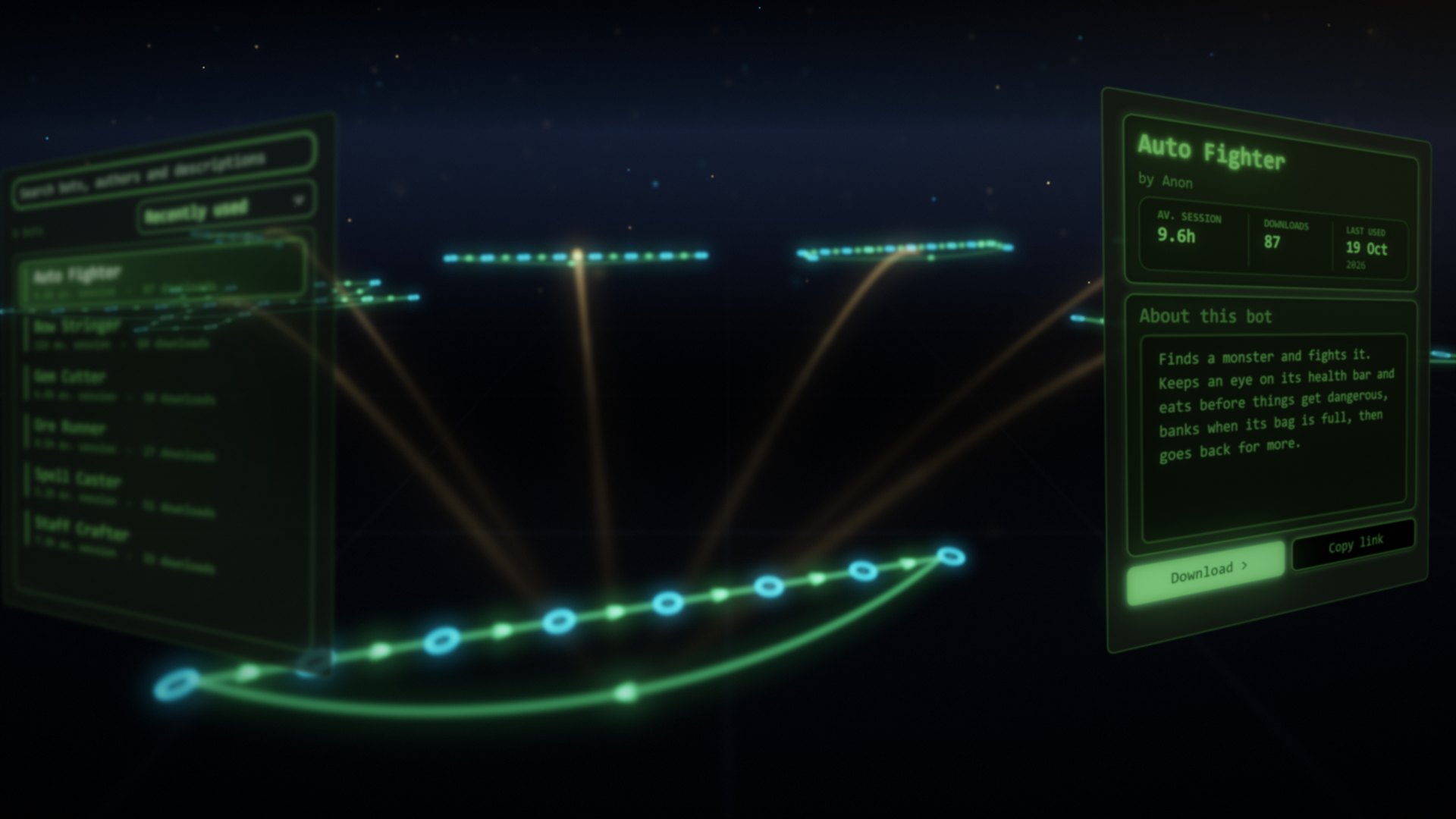 A shared bot in the Genesis Share tab, an auto fighter with its session length and downloads, with light running from one bot to many